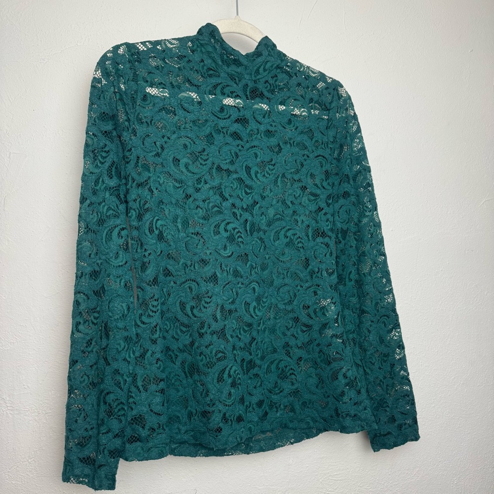 White House Black Market Teal Lace High Neck Blouse‎ Top